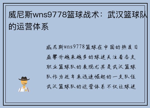 威尼斯wns9778篮球战术：武汉篮球队的运营体系