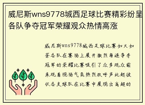 威尼斯wns9778城西足球比赛精彩纷呈各队争夺冠军荣耀观众热情高涨