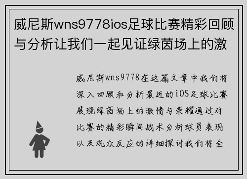 威尼斯wns9778ios足球比赛精彩回顾与分析让我们一起见证绿茵场上的激情与荣耀
